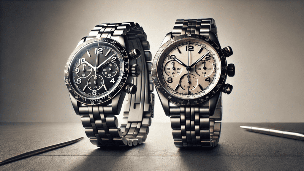 Side-by-side comparison of authentic and replica luxury watches, highlighting the subtle differences between first copy watches and original designs